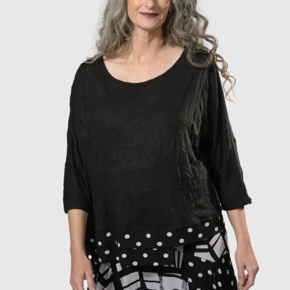 Alembika Black Polka Dot 3/4 Slay the Day Crinkle Knit Stretch Top‎ size Small
